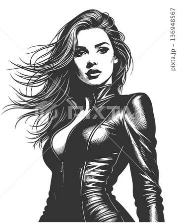 Woman in Leather Jacket Windy Hair vector Woman in Leather Jacket Windy Hair vector 136948567