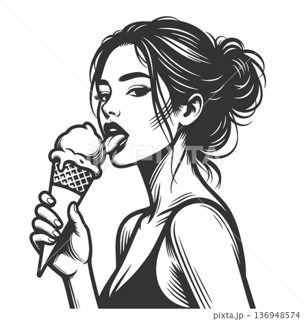 Girl in sunglasses licking melting ice cream 136948574