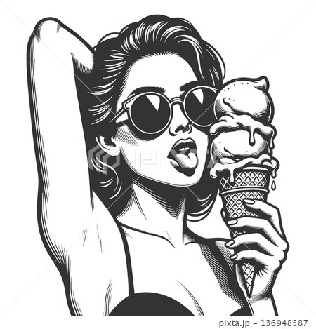 Girl in sunglasses licking melting ice cream Girl in sunglasses licking melting ice cream 136948587