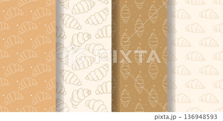 Set of linear seamless patterns with croissants. Backgrounds with silhouettes of French puff pastries Set of linear seamless patterns with croissants. Backgrounds with silhouettes of French puff pastries 136948593