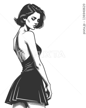 Woman in Backless Black Dress engraving vector 136948620