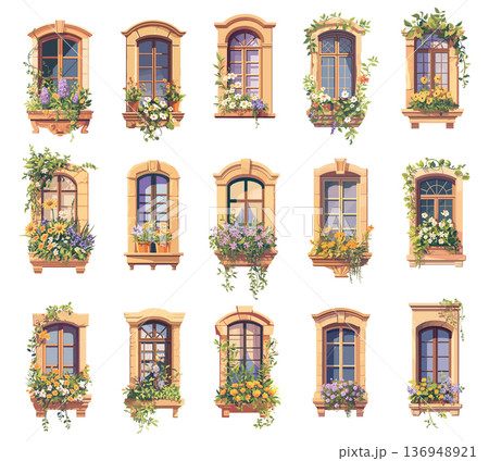 Set of cartoon old windows of various designs and shapes decorated with flowers and plants, home element, beautiful frames, apartment decoration, vector illustration 136948921