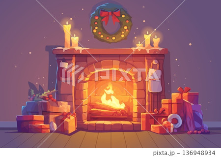 Christmas burning fireplace with gifts and candles. Winter holidays, New Year decorations. Seasonal vector illustration Christmas burning fireplace with gifts and candles. Winter holidays, New Year decorations. Seasonal vector illustration 136948934