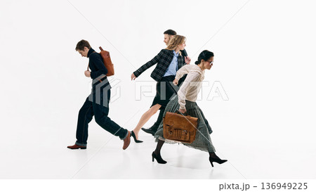 Business professionals crossing paths in expressive walking poses on clean white background. Business professionals crossing paths in expressive walking poses on clean white background. 136949225