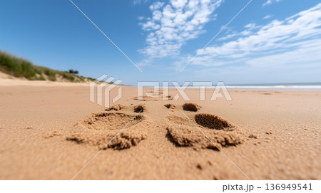 A beach view with footprints in the sand, leading towards the ocean, with an open area A beach view with footprints in the sand, leading towards the ocean, with an open area 136949541