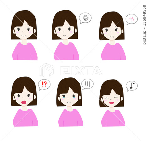 若い女性のさまざまな表情セットイラスト 136949559