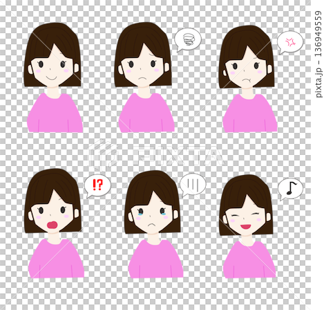 若い女性のさまざまな表情セットイラスト 136949559