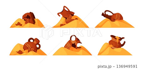 Archaeological pottery. Ancient jar, broken vase sand archaeology excavation historical artifact cracked vessel debris old urn jug crockery clay qualitative vector illustration 136949591