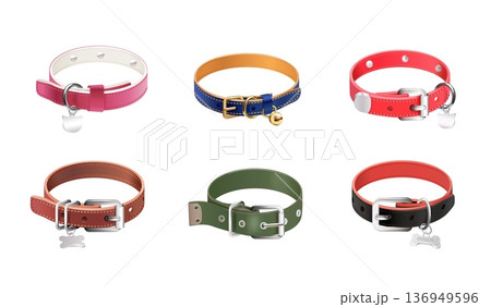 Realistic dog collar. Isolated leather pet collars, cat dog colorful necklace belts with metal silver buckle puppy kitten neck waistband leash animal care exact vector illustration 136949596