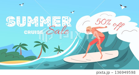 Surf sale. Sea big wave summer cruise hot offer banner, surfer surfboard on ocean blue water island beach palms travel vacation holiday promotion coupon voucher vector illustration 136949598