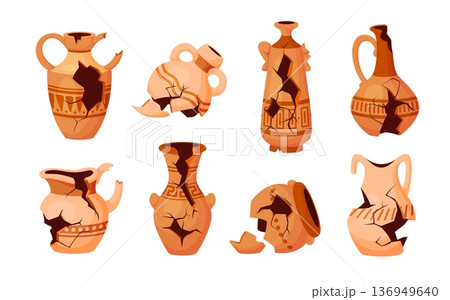 Broken pottery. Ancient cracked vase antique ceramic jug clay jar fragmented piece vessel amphora fragile urn crockery greek pot ruin archaeological qualitative vector illustration Broken pottery. Ancient cracked vase antique ceramic jug clay jar fragmented piece vessel amphora fragile urn crockery greek pot ruin archaeological qualitative vector illustration 136949640