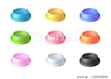 Colored feed bowls. Realistic isolated pet bowl, cat dog food feeding dishes domestic animal friends plastic or container for water hungry puppy, set exact vector illustration 136949695