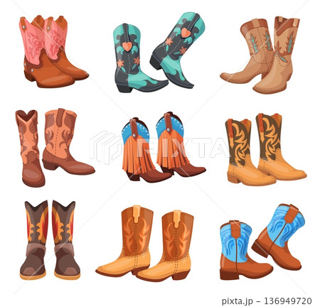 Cartoon cowboy boots. Western american boot with spur for rodeo, cowgirl country dance traditional texas ranch shoe wild west cowboys leather footwear, set neat vector illustration Cartoon cowboy boots. Western american boot with spur for rodeo, cowgirl country dance traditional texas ranch shoe wild west cowboys leather footwear, set neat vector illustration 136949720