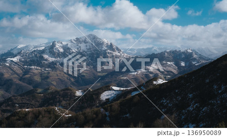 A breathtaking aerial view of the lush green mountains and traditional architecture in San Martin de Rey Aurelio, Asturias, Spain. A breathtaking aerial view of the lush green mountains and traditional architecture in San Martin de Rey Aurelio, Asturias, Spain. 136950089