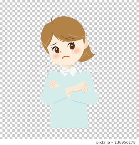 Illustration of a displeased woman with her arms crossed - Dissatisfied, angry, negative 11 136950179