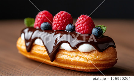 eclair filled with smooth, fluffy cream, sitting on wooden surface, with a drizzle of chocolate sauce	 136950264
