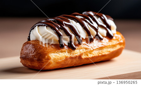 eclair filled with smooth, fluffy cream, sitting on wooden surface, with a drizzle of chocolate sauce	 136950265