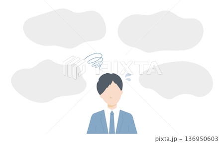 悩むスーツ姿のビジネスマンと吹き出しのベクターイラスト（問題・課題・相談） 136950603