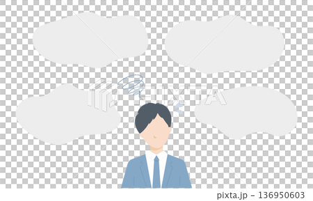 悩むスーツ姿のビジネスマンと吹き出しのベクターイラスト（問題・課題・相談） 136950603