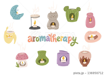 Aromatherapy oil lamps collection in colorful spa wellness style 136950712