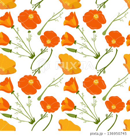Golden poppy seamless floral pattern inspired by California wildflowers 136950745