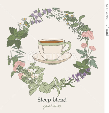 Hand drawn circular wreath, sleep tea herbs Hand drawn circular wreath, sleep tea herbs 136950779