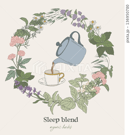 Hand drawn circular wreath, sleep tea herbs 136950780