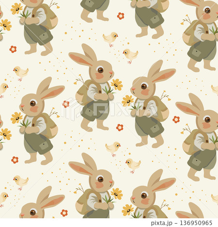 A seamless children s Easter design featuring cute bunnies in olive overalls holding yellow flowers, surrounded by little chicks and flowers on a light A seamless children s Easter design featuring cute bunnies in olive overalls holding yellow flowers, surrounded by little chicks and flowers on a light 136950965