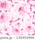 A graceful pattern of large, lush pink peony flowers set against a soft blue background, creating a romantic 136950966