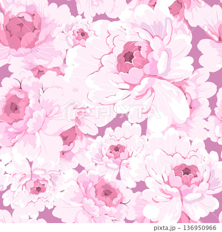 A graceful pattern of large, lush pink peony flowers set against a soft blue background, creating a romantic A graceful pattern of large, lush pink peony flowers set against a soft blue background, creating a romantic 136950966