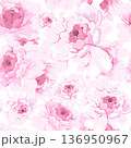 A graceful pattern of large, lush pink peony flowers set against a soft blue background, creating a romantic 136950967