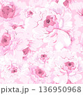A graceful pattern of large, lush pink peony flowers set against a soft blue background, creating a romantic 136950968