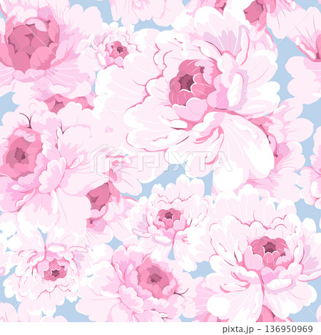 A graceful pattern of large, lush pink peony flowers set against a soft blue background, creating a romantic 136950969