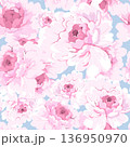 A graceful pattern of large, lush pink peony flowers set against a soft blue background, creating a romantic 136950970