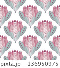 Delicate flowers of Protea in soft pink and green hues creating a refined and elegant design, Protea in Pastel Tones 136950975