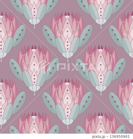 Delicate flowers of Protea in soft pink and green hues creating a refined and elegant design, Protea in Pastel Tones 136950981