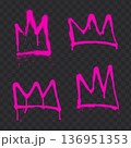 Pink graffiti crown symbols sprayed on dark textured street backdrop. 136951353