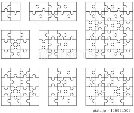 Illustration of eight white puzzles, separate pieces Illustration of eight white puzzles, separate pieces 136951503