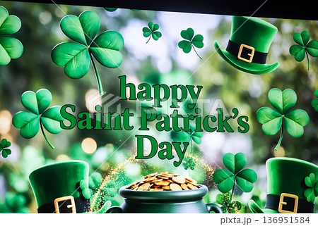 Vibrant Saint Patrick's Day Celebration with Lucky Shamrocks and Gold 136951584
