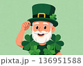 Jolly Cartoon Character with Green Hat and Clover on Light Green Background 136951588