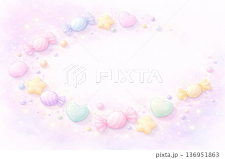 ホワイトデーシリーズ：キャンディが弧を描く明るい背景 136951863