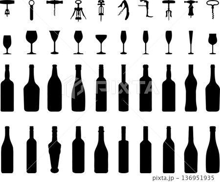 Black silhouettes of bowls, bottles, glasses and corkscrews Black silhouettes of bowls, bottles, glasses and corkscrews 136951935