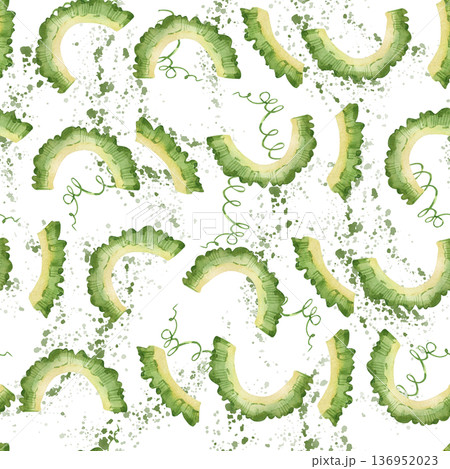 Bitter cucumber, momordica, healthy eating concept, detox plants. Seamless hand-painted watercolor pattern for textiles, paper, printing, and packaging. 136952023