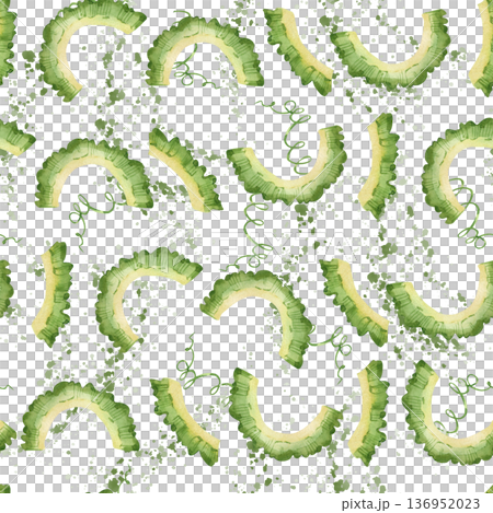Bitter cucumber, momordica, healthy eating concept, detox plants. Seamless hand-painted watercolor pattern for textiles, paper, printing, and packaging. 136952023