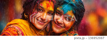 People celebrate Holi together, throwing colors and sharing laughter in an outdoor location. The scene captures moments of joy and community during this vibrant festival. 136952087