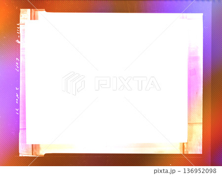 Retro 1970s film slide frame mockup with a white blank center for copy space. Vibrant neon purple and orange light leak overlay with authentic stamp.  136952098