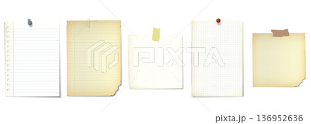 Various old blank papers with stains effect stick by pins, paper clip or adhesive tape isolated Various old blank papers with stains effect stick by pins, paper clip or adhesive tape isolated 136952636