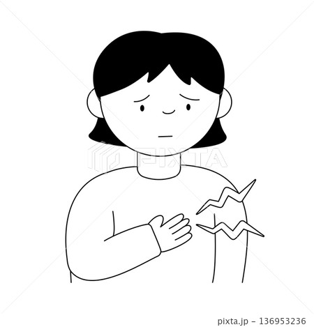 胸の痛みや息苦しさを訴える女性のモノクロイラスト | 医療・健康に関する線画素材 胸の痛みや息苦しさを訴える女性のモノクロイラスト | 医療・健康に関する線画素材 136953236