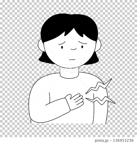 胸の痛みや息苦しさを訴える女性のモノクロイラスト | 医療・健康に関する線画素材 胸の痛みや息苦しさを訴える女性のモノクロイラスト | 医療・健康に関する線画素材 136953236