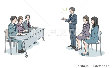 集団面接、自己PRする新卒応募者と評価する面接官 136953347